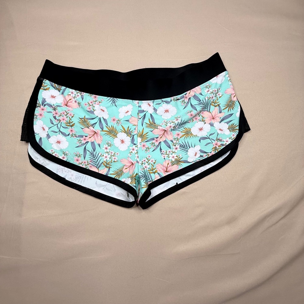 Body Glove Womens Tropical Floral Swim Shorts Mint Green Black Large 115712